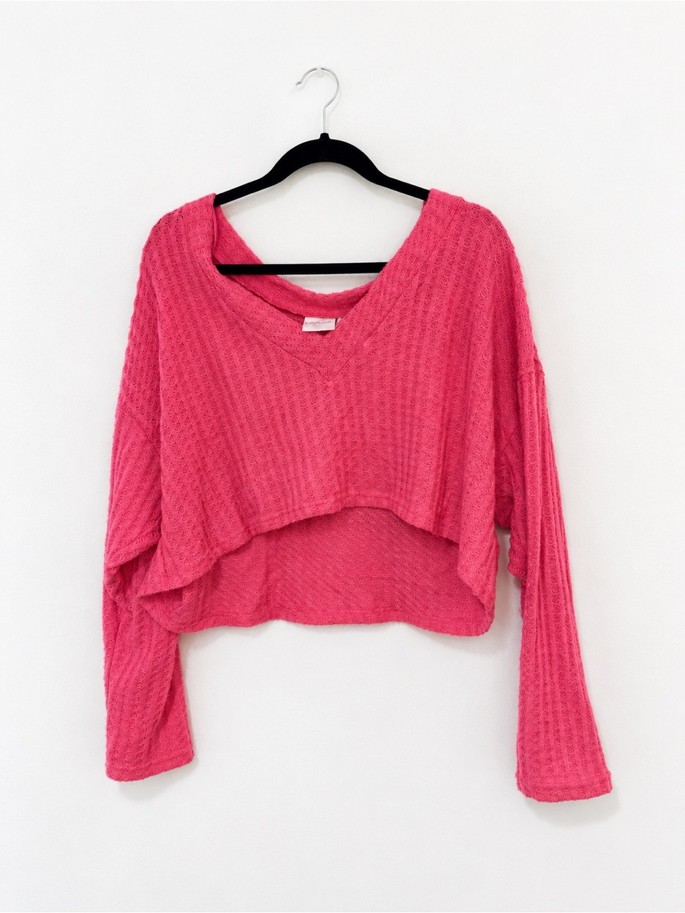 Hot Pink Cropped V-Neck Knit Sweater, Waffle Texture, Relaxed Fit